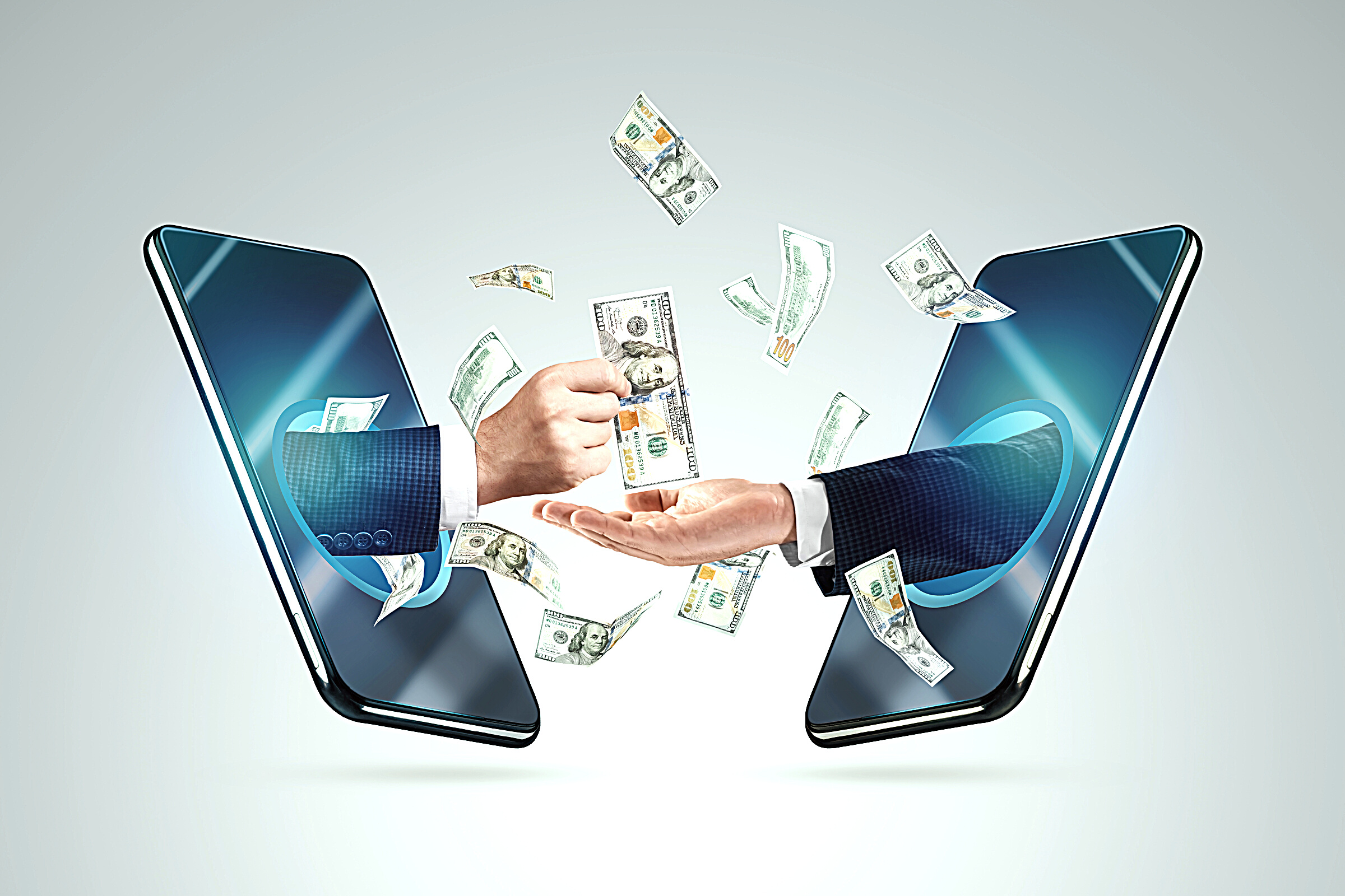 Hand from a smartphone transfers money to another hand. Online money transactions, mobile payments using a smartphone. Concept Financial growth, passive income, online business, dividends.